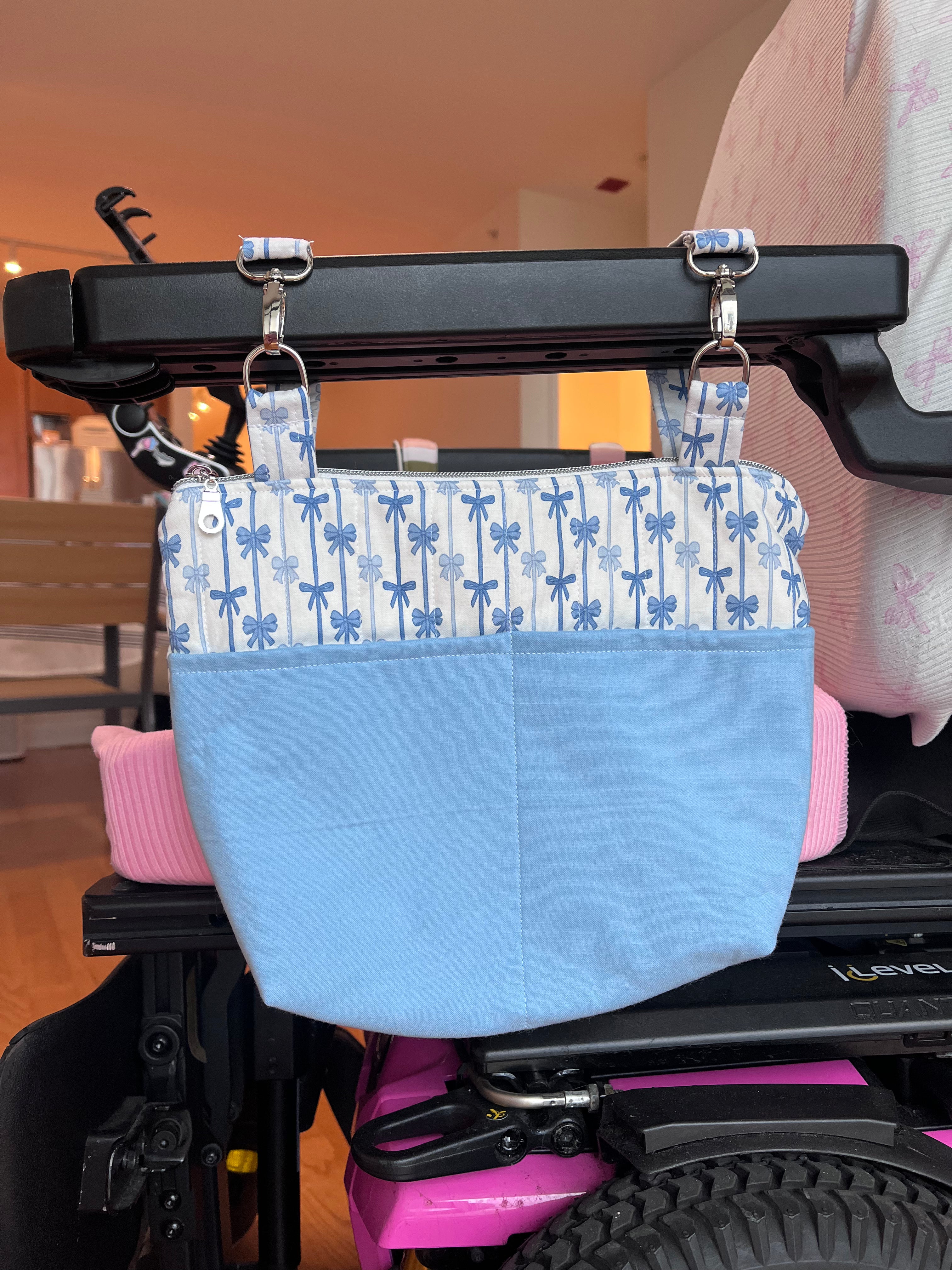 Baby Blue Bow Power Chair Armrest Bag | READY TO SHIP